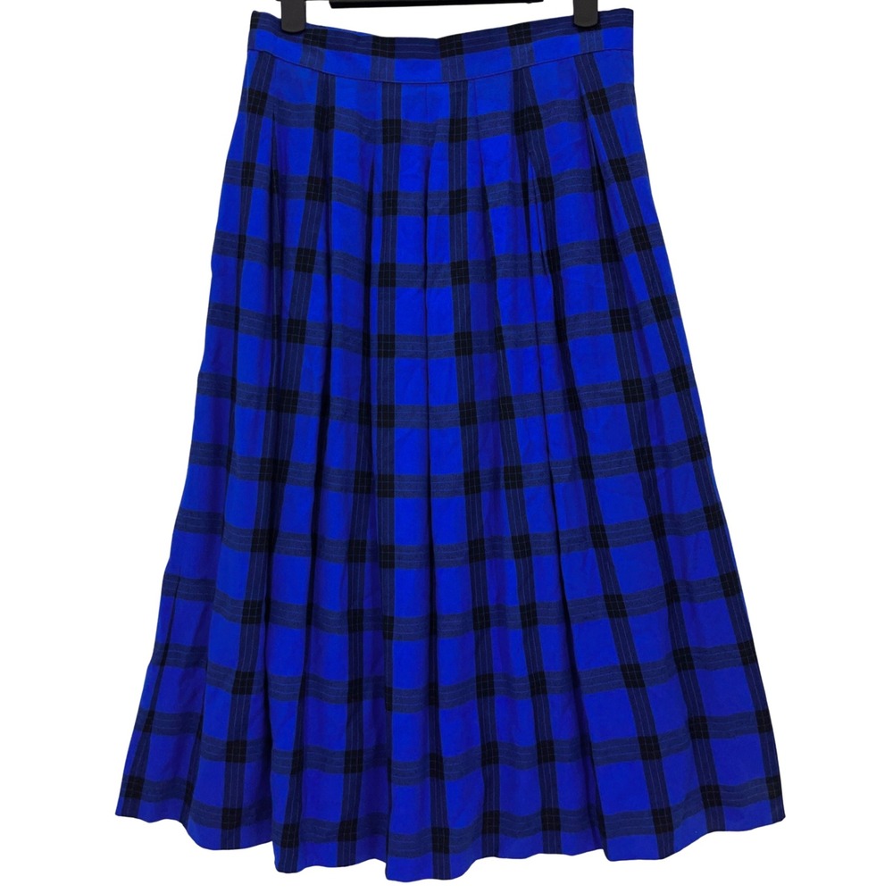 Hathaway 90s Blue Plaid Pleated Midi Skirt 8 Vintage Side Pocket - Picture 2 of 7